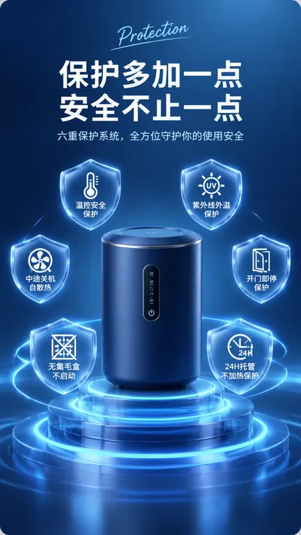 小型家电3D商业渲染，8K超清，电商详情竖版海报，略微偏低平视视角；画面中心深蓝色圆筒小型机器放置在多层透明发光圆形科技展台之上，展台环绕淡蓝色流动光效；机器周
