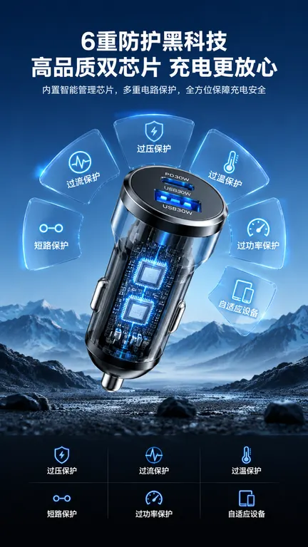 科技感车载车充3D商业渲染，8K超清，电商详情竖版海报，低角度平视构图，画面中心悬浮黑色金属车载充电器，外壳做半透明剖视效果，露出内部双芯片电路板，印有PD30
