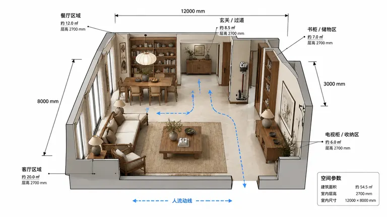 基于室内实景画面，绘制 2.5D 等距轴测建筑分析图，具体要求如下： 视角构图：运用标准 2.5D 等距轴测视角，去除顶面与前景墙体，直观展现室内整体空间格局与
