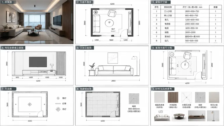 请依据这张室内空间效果图，制作全套施工图纸，图纸需精准对应效果图中的空间布局，同时明确室内家具的摆放位置与具体尺寸，按 3×3 的方式进行排列。