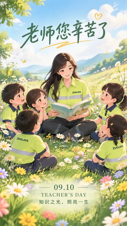 治愈系卡通插画，教师节海报，一位温柔的女老师坐在开满颜色鲜艳的鲜花的草地上，周围围坐着一群可爱的小学生，孩子们认真听老师看书讲故事，老师面带温柔微笑，长发，身穿