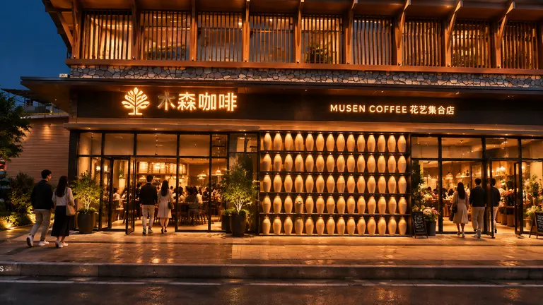 保留原图建筑主体，在红色区域放入木森咖啡logo，文字设计为精工暖光发光字，正面和背面都发光，发光背面加黑色铁架做支撑；在绿色区域放入MUSEN COFFEE花