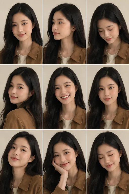 同一人物的九宫格写真，3×3 均匀网格。九格里是同一位二十多岁的东亚女性，脸型、五官、发型、妆容和服装在九张中必须高度一致，只变换拍摄角度和神情：正面微笑、侧脸