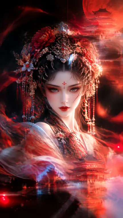 流体形态的抽象古代宫殿轮廓，采用红色到橙红色的弥散渐变抽象宫殿，动态模糊黑红背景，赛博风格光影效果，极简主义构图，大面积留白，与赛博朋克融合的先锋艺术风格。插画