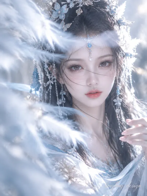 生成一张3:4竖幅的写实真人角色化仙幻古风近景摄影，采用冷白高曝光美颜与强逆光柔焦光晕：面部局部冷白高亮、皮肤微对比降低但五官仍然清楚，画面边缘、羽毛、银饰和水