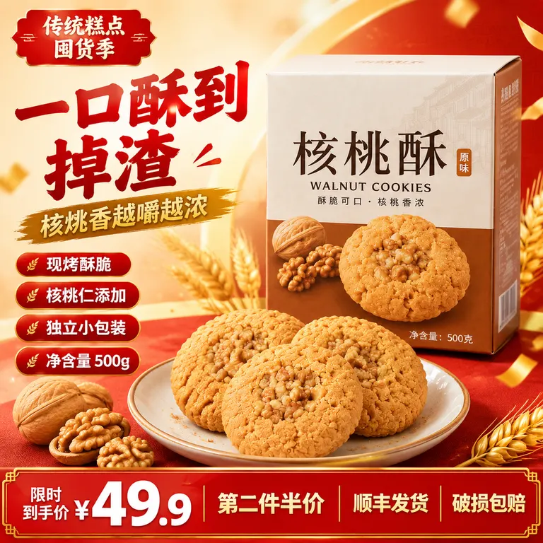 使用上传的核桃酥，严格保留食品形态、包装颜色、材质、标签、净含量和原有 Logo。制作一张温暖喜庆、有淘宝食品促销感的主图。主包装只出现一次，放在画面中央偏右，