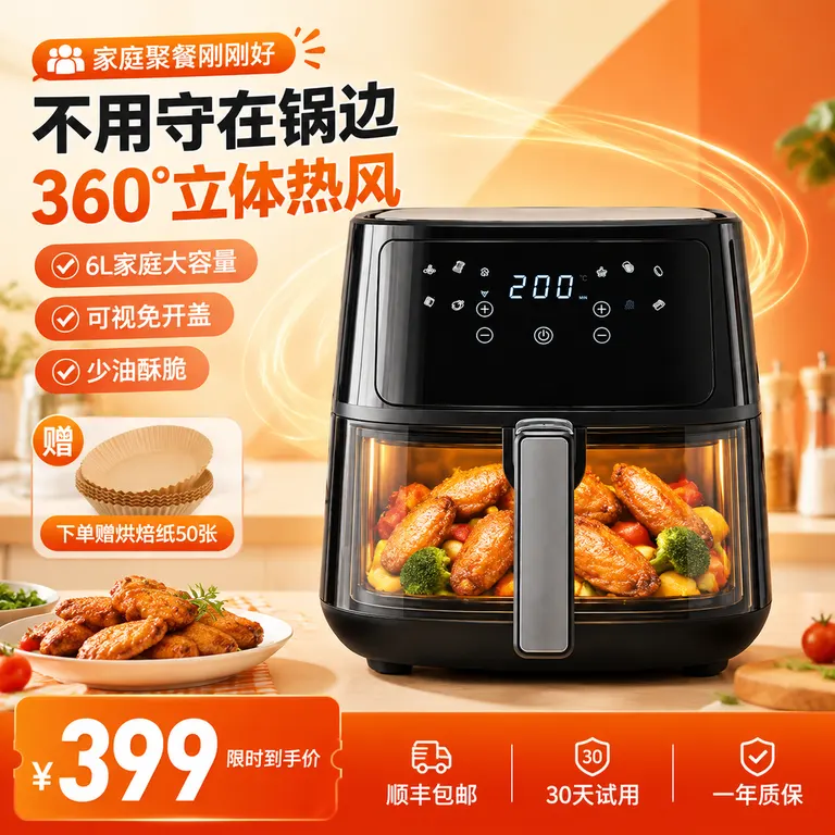 使用上传的可视空气炸锅，严格保留机身外形、透明炸篮、把手、按键、颜色、材质和原有 Logo，不改变产品结构。制作一张明亮温暖、有淘宝厨房家电卖货感的主图。商品只