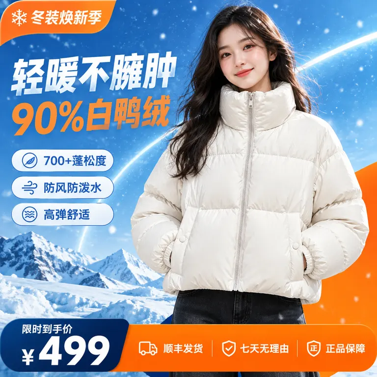 使用上传的羽绒服，严格保留版型、长度、面料、绗缝、颜色、拉链、帽型和原有 Logo。制作一张年轻、有淘宝冬装大促感的羽绒服主图。一位模特自然穿着该商品站立展示，