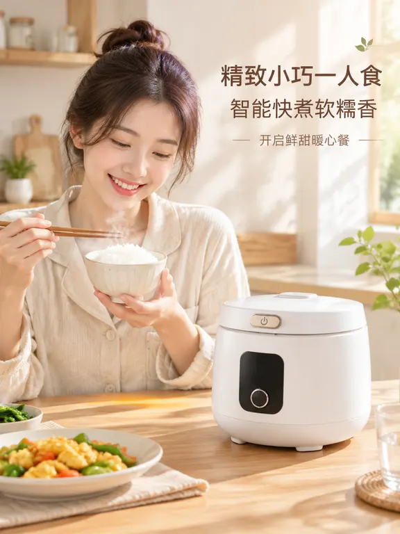 第一屏： 根据这个迷你智能电饭煲，设计电商详情页首屏，清新简约的原木风厨房家居场景，一位穿着浅色系家居服的年轻女生端着一碗热气腾腾的米饭面带微笑，身旁操作台上放