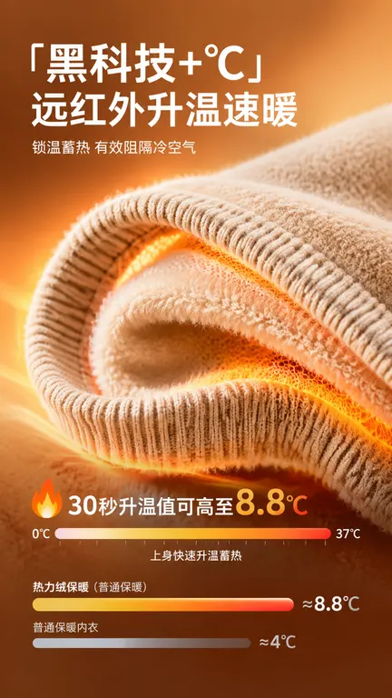 超写实保暖面料微距商业3D渲染，8K超清，温暖暖调科技电商详情海报，竖版构图，微距特写视角，画面中心为卷曲折叠的米杏色热力绒保暖面料，面料边缘是厚实罗纹针织结构