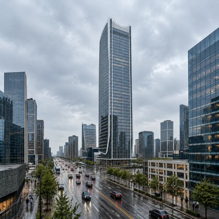 办公高层，城市街道，湿路面，增加低矮行道树，马路增加车辆，人行道增加人物，日间阴天，冷暖对比