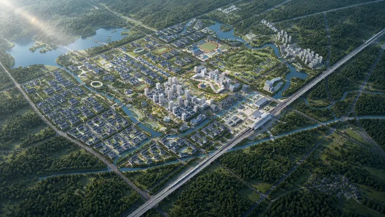 对@图片1 中的城市规划鸟瞰进行渲染，需要突出建筑坡屋顶、文化中心以及城市广场、大学校园、河流，中式坡屋顶建筑在图中已用蓝灰色区域标准，中间部分是城市商业办公核