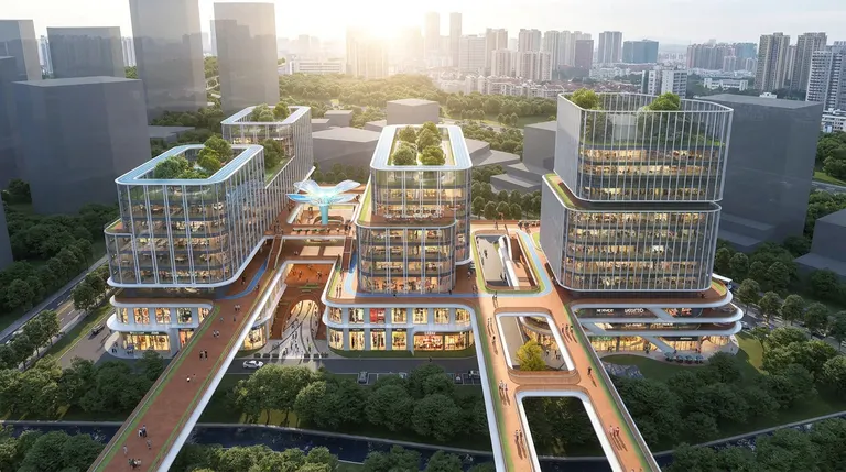 这是一个商业综合体建筑，背景是城市。阳光丛对面照过来，玻璃室内透光，一层有商业，整体商业氛围浓厚。