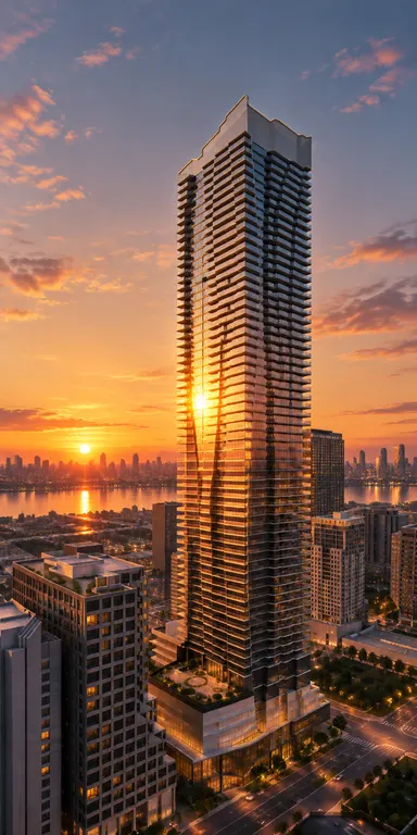 黄昏时分的都市，画面的视觉核心，是落日在建筑立面上的反光：太阳恰好嵌在主塔左下方的玻璃幕墙区域，玻璃将日光承接、揉散，化作一簇明亮而不灼人的金色光斑，像一小团被