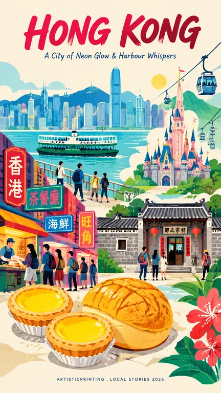 Use simplified illustrative graphics of Hong Kong's iconic landmarks: Vic-toria 