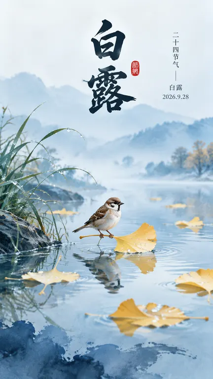 国风白露节气海报，冷调水墨蓝氛围，平静浅水面，水面漂浮几片金黄银杏叶，叶片表面散落晶莹圆润露珠，一只小巧麻雀站在银杏叶柄之上。水边生长带露水的青色细草，水面倒映