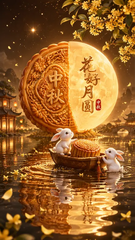 参考新中式国风风格生成： 竖版构图，渐变深棕暖金色夜空有细碎星光与金色光点，画面中央巨型半月形月饼和满月拼接，月饼表面传统浮雕纹路清晰且“中秋”字样醒目，圆月上