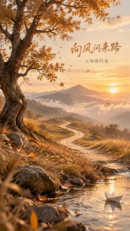 温暖的黄昏色调，一条蜿蜒的小路延伸到远方的山与云之间，路旁有一棵老树，树叶在风中飘落。画面右下角有一只纸船在溪流中漂流。整体氛围宁静、温柔、有希望。字体用柔和的