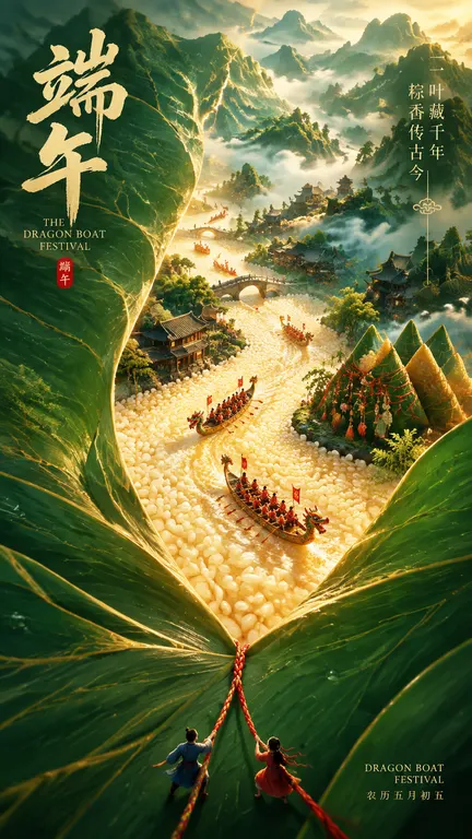 端午节传统文化电影海报，超现实东方神话叙事。镜头采用高空俯瞰视角，一片巨大的翠绿色粽叶覆盖整个画面，叶脉如山川河流般延伸。粽叶中央缓缓展开，露出由糯米颗粒构成的