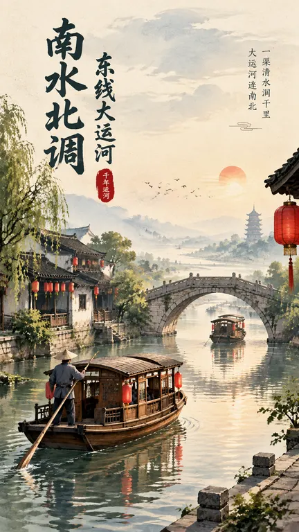 宣传海报：南水北调东线大运河，传统船只，古桥，平视，水墨效果，历史感，红灯笼。