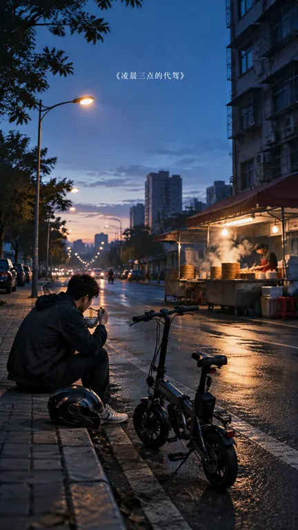 凌晨的城市街道，一辆折叠电动车停在路边。一个人坐在马路牙子上吃馄饨，旁边放着折叠电动车和头盔。对面的早餐摊刚出摊，笼屉冒着热气。路灯还没灭，天边刚开始泛白。图片