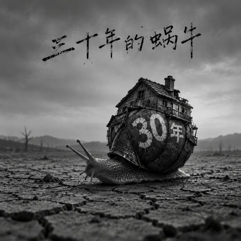 黑白色调，一只蜗牛背着巨大的房子形状的壳，壳上写着“30年”，在干裂的地面上缓慢爬行。画面中间靠上位置，用残破的手写体写“三十年的蜗牛”。整体压抑、冷清。