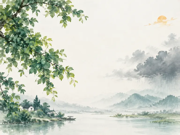 大暑节气海报，竖版，水墨国风，大面积留白， 一枝浓密舒展的绿荫枝叶垂入画面，天边淡墨晕染的雷雨云，几笔骄阳, 青绿与淡墨色调，绿荫消暑的盛夏意境， 上方大面积留
