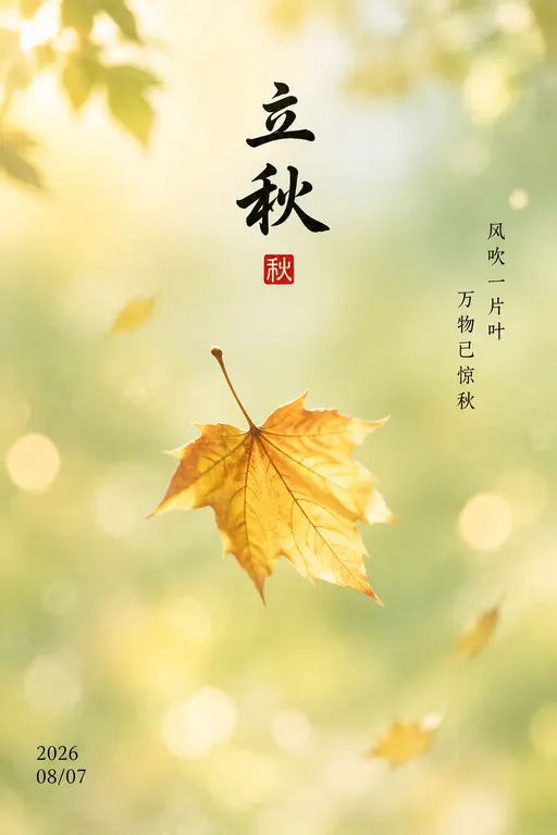 立秋节气文艺海报，柔和渐变浅黄绿朦胧虚化背景，弥散柔光，带有淡淡的秋日光斑。画面中心悬浮一片金黄干枯枫叶，叶片脉络清晰，轻盈舒展，呈现落叶随风飘荡的姿态。 文字