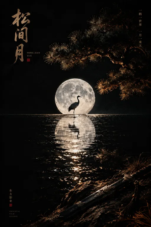 东方电影海报，松间夜冷银弱光光影，水平线分割极端极简构图，虚实悟道层次叙事。92%大面积墨黑极致留白，圆形月亮精确位于画面水平中线，圆月与下方湖面倒影形成天然双