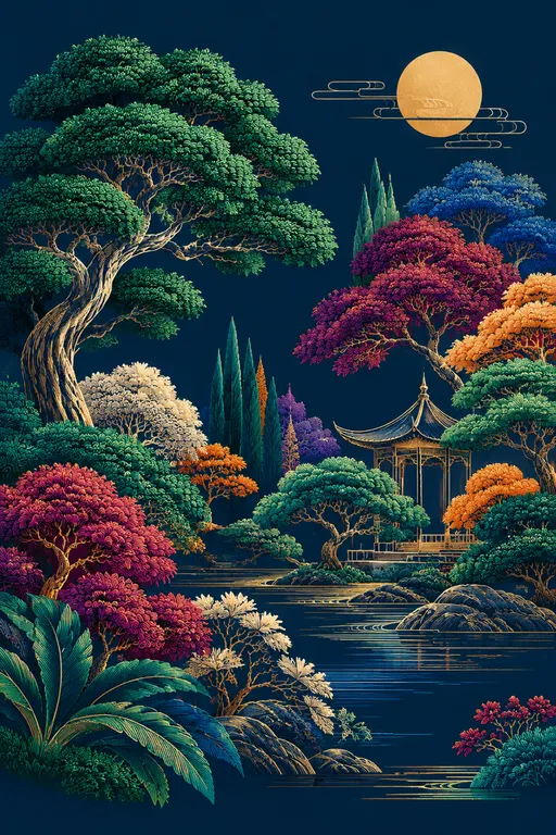 中国古典装饰美学，以藏青色背景为主色调平面图，沉稳高级，由几个关键元素构成强烈视觉焦点。由高饱和高对比配色，墨绿、紫红、橙金、天蓝与象牙白碰撞色色调线条，构成钢