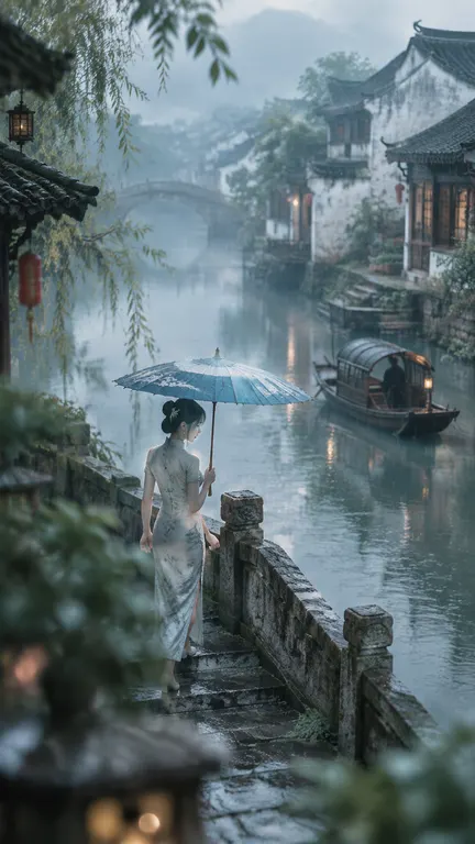 江南水乡烟雨天，临水古镇，白墙黑瓦江南民居，青灰色石桥，河道乌篷船，雨雾朦胧弥漫，水面带朦胧倒影，雨丝轻柔飘落，年轻东方女子，素色旗袍，挽发，撑蓝印花布油纸伞，
