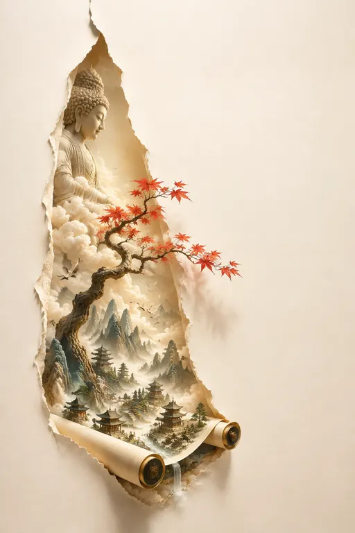超现实主义极简主义艺术风格，一张平整的、纯白色的厚艺术纸。画面左侧描绘了一个垂直的、不规则的撕纸。在撕纸内部，有一个极小极小的微缩景观，一座佛身嵌一团云雾拖起一