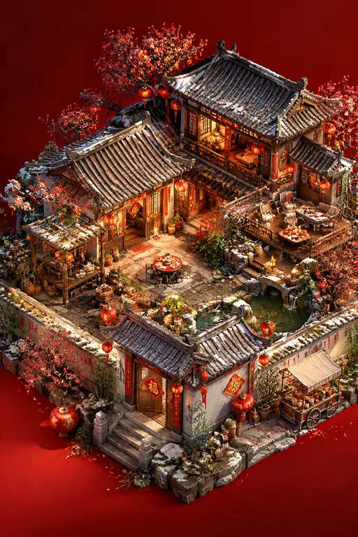 次世代游戏小场景，中国红背景，民宿，3d模型，鸟瞰45度斜视角，虚幻引擎，超多细节，次世代模型，高模，新春元素国风，高清，4k，写实，极繁主义，全景