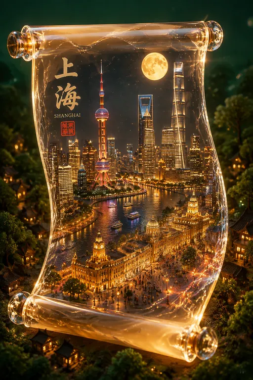 铺陈的半透明卷轴，卷轴边缘呈现玻璃质感，带有波光粼粼的暖色光影光芒，流光溢彩，令人惊叹的光效，卷面展现上海城市立体图景，集东方明珠、上海中心大厦、外滩、河流、人