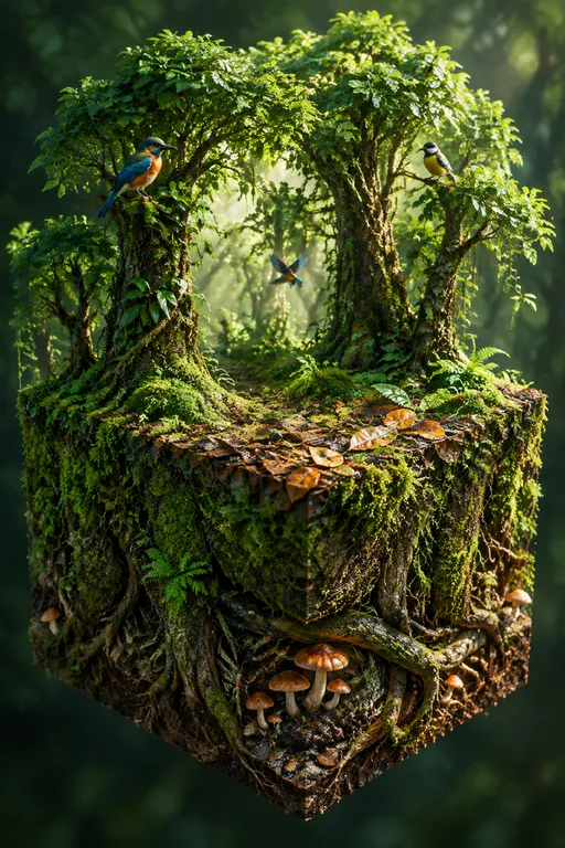 超写实，微观模型化，立方体切片构图，3D微缩景观立方体。呈现原始森林的核心场景。 立方体顶部：浓密的树冠层，阳光努力穿透层层树叶，形成一道道光线，树藤相互缠绕，