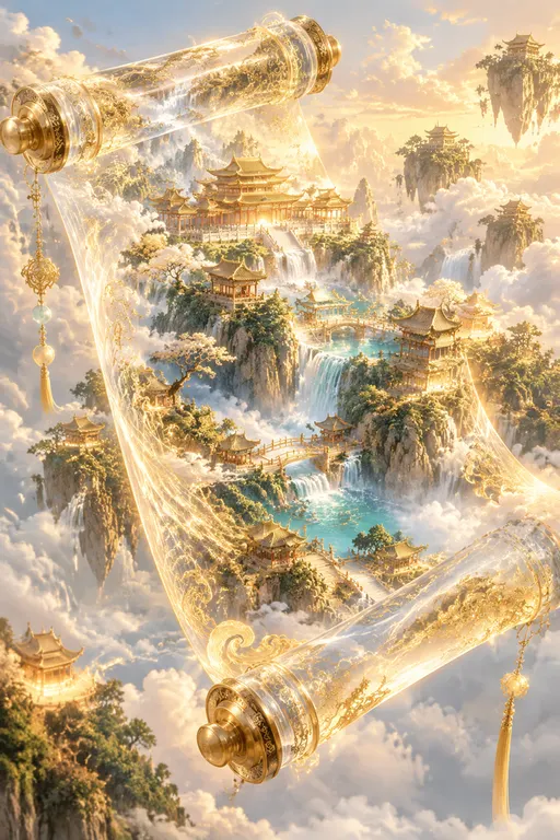 巨大的3D立体金色全透明的古风卷轴：金光透明的卷轴包裹山水微缩景观，极致细节呈现，中式宫殿和仙境为主题，通过金碧辉煌的宫殿，呈现三维秘境效果，注重精致细节和光影