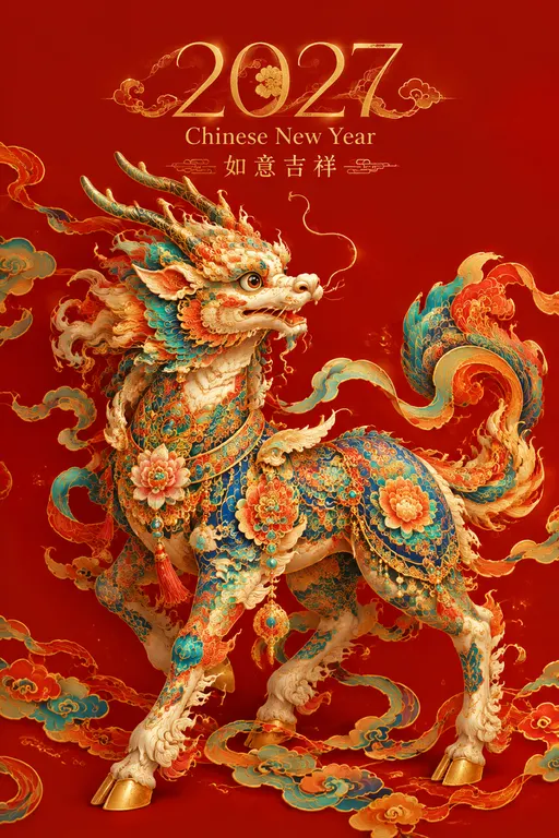 数字“2027”抽象画插图风格： 凸印金线，花纹线条组合而成的，层次分明，中国传统纹饰，敦煌纹，中国传统色彩斑斓美轮美奂，色彩对比强烈，线条柔美灵动，传统美学，