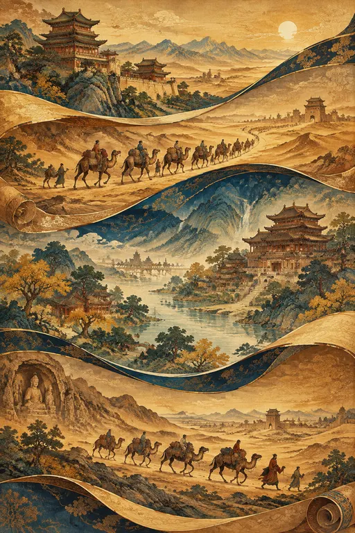 中式古典丝路长卷风格，构图为分层波浪形卷轴：多个金棕、深蓝渐变的波浪层次，嵌入中式楼阁、山水、驼队（丝绸之路符号），配色以金棕暖调为主，深蓝冷调点缀，营造历史氛