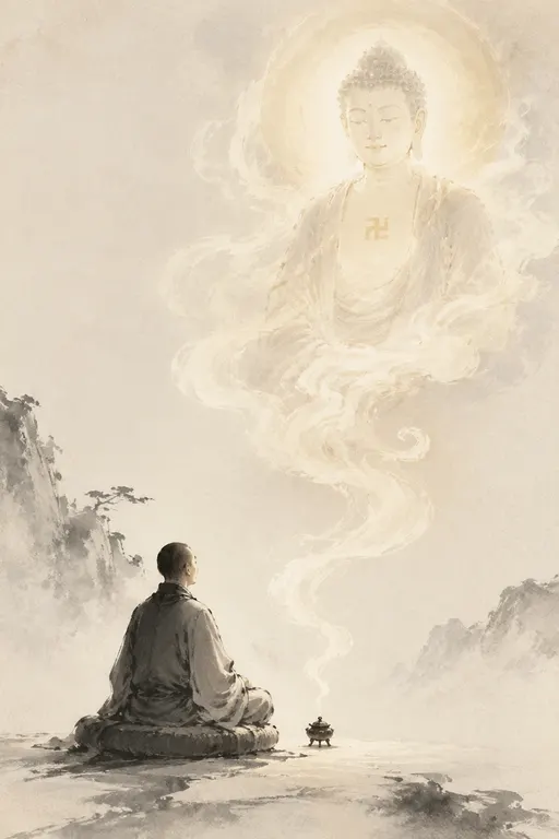 东方水墨写意风格，一个修行者，在蒲团上打坐，他身前的地上放着超小精致的香炉，冒着袅袅烟雾，烟雾飘向空中幻化成一个阿弥陀佛（阿弥陀佛胸口有卍字）的身姿 极简构图 