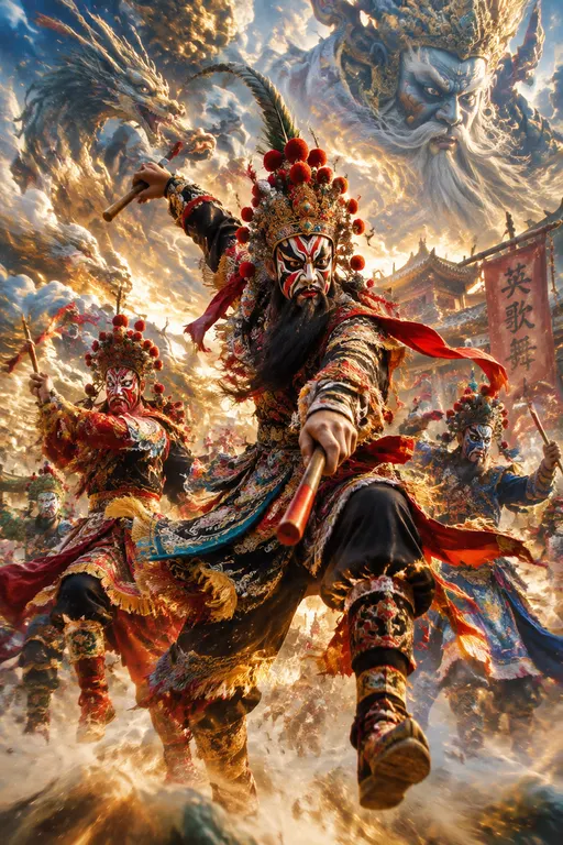 英歌舞，震撼画面，创意，魔幻，梦幻，神话风格，富有表现力。大师级杰作，写实，8K超清。