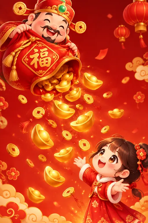 中国红渐变背景，最上方是财神爷手倒一个红色的大福袋，福袋口打开，倾斜向下洒出很多元宝，和财神爷对面儿站的是一位卡通Q版女孩，张开双臂迎接上方元宝，卡通动漫风格，