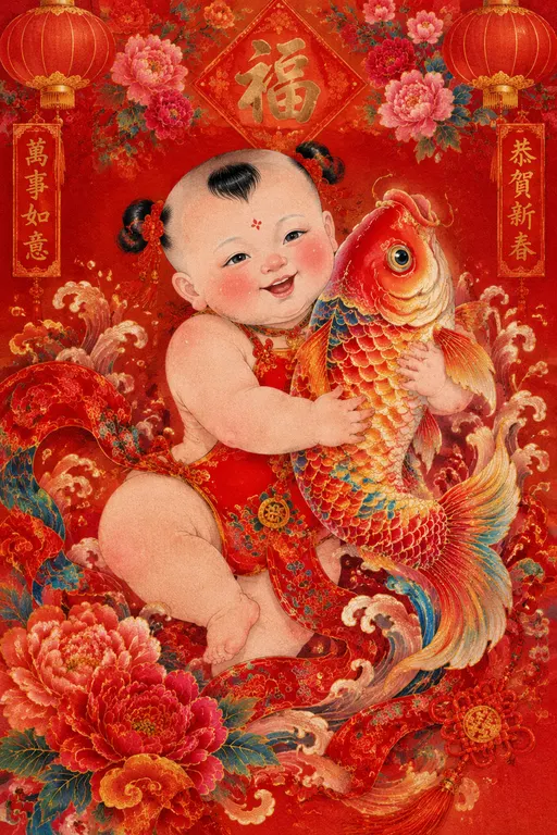 一幅具有工笔重彩风格的年画，画面以红色为主色调，呈现出从浅红到深红的渐变效果，营造出浓郁的喜庆氛围，喜迎新春佳节。画中一个憨态可掬的胖娃娃怀抱着一条色彩斑斓的锦