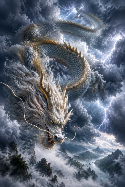 中国龙在密布的雷云中遨游盘旋，身体蜿蜒崎岖，从云层探下龙头。超广角构图