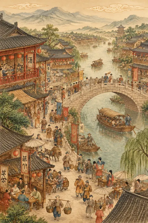 中国传统国画风格，工笔重彩结合水墨晕染，宋代风俗画。繁华的宋代市井长街，木质酒楼店铺鳞次栉比，飞檐翘角，朱红栏杆与招幌酒旗林立。虹桥横跨潺潺运河，桥上行人如织—