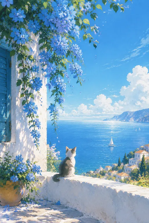 聚焦白墙蓝花特写，展现天蓝映海、海蓝接天的梦幻场景，白墙衬托着垂枝蓝花，一只猫在看着大海（背影），色调如安塔利亚的蓝般柔和，缓缓漫进光影之中，呈现出宫崎骏治愈插