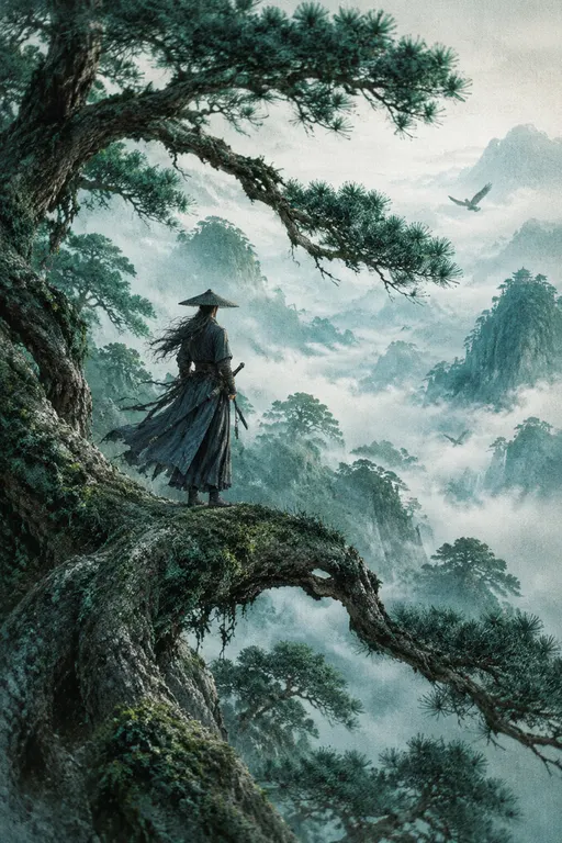 国风水墨插画风格，东方奇幻概念艺术，一位身穿深色中式武侠长袍、头戴斗笠的年轻侠客，身形较小，背对画面，双手扶着腰间长剑，伫立在粗壮的古树树干上，长发和衣摆随风微