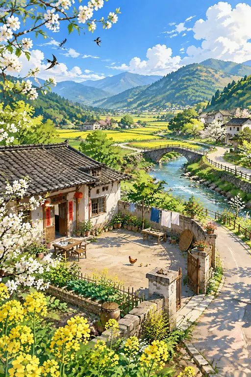 吉卜力手绘风格。中国南方乡村，带院子的自建房，田野，道路，溪流，治愈系插画风格动漫，8K高清，细节丰富，自然主义清晰线稿，平涂色彩，高饱和度暖色调，大深景，全景