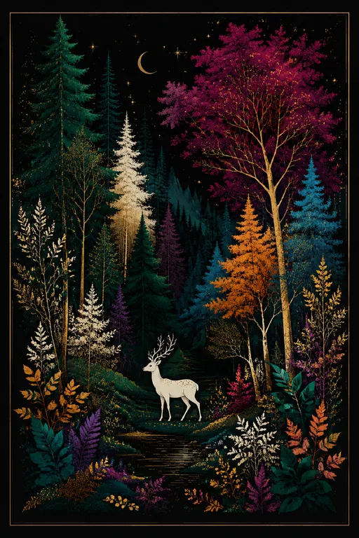 在黑色深邃背景画面中描绘了一片层次丰富的森林，树木形态各异，由高饱和高对比配色，墨绿、紫红、橙金、天蓝与象牙白碰撞色线条构成，还点缀着金色细节。下方一只白色小鹿