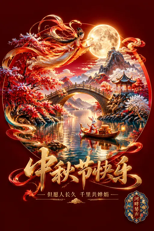 深青色背景，在上面矢量标志，多色极细手写艺术曲线流畅弯桥苍劲（形似赵州桥），广告设计，深暗红背景，光彩亮丽，激光雕刻极其精致细小随着圆弧雕刻，3D素材，不对称设