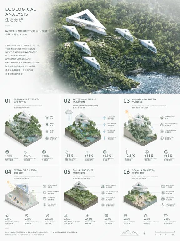 制作一份符合竞赛标准的生态分析分享，保留@图片1 原有的构图和布局：顶部1/3位置为@图片1 （小清新低饱和色调，将精准的线条与柔和的数字绘画和逼真的植被拼贴相